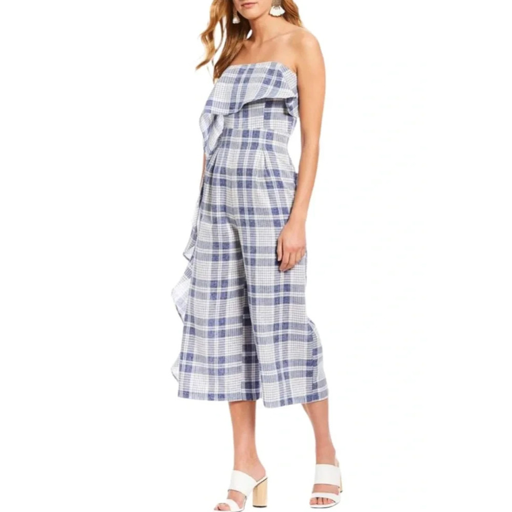 Gianni Bini Clouse Plaid Ruffle lagenlook Front Culotte Jumpsuit Blue XL A005590